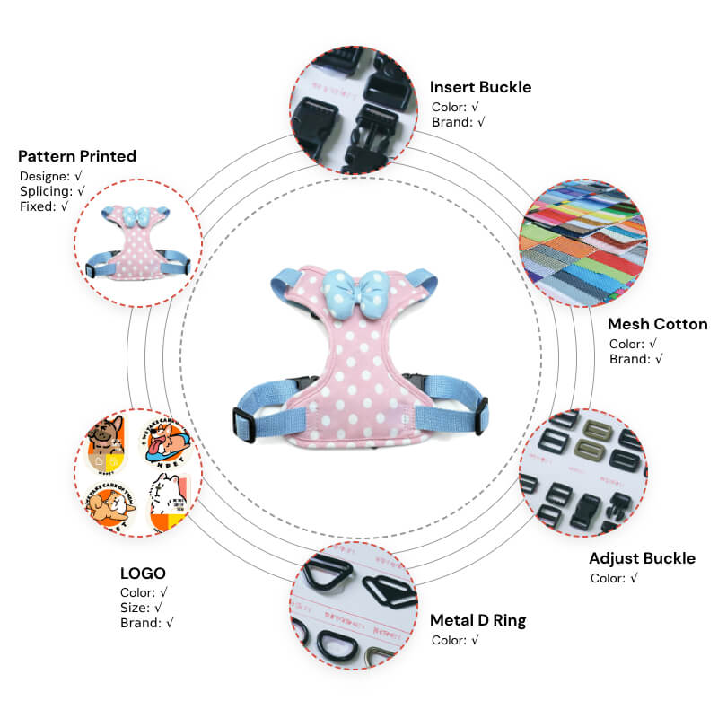 Adjustable Pet Harness with Bow - Pink Polka Dot Design, Soft Padded Vest for Dogs and Cats
