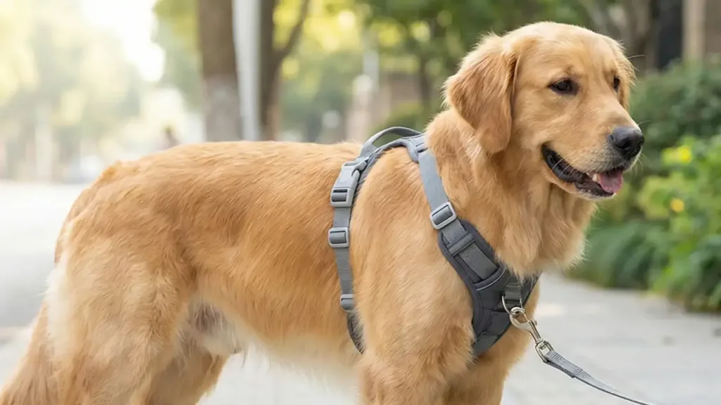 This is a high-definition, realistic lifestyle photograph. The image focuses on a healthy adult Golden Retriever. It's a medium shot, taken at the dog's eye level. The dog is shown walking steadily on a neatly paved city sidewalk, its body relaxed, without any tension from pulling or straining against the leash. It's wearing a classic tactical-style H-type no-pull harness, with the leash attached to the front metal D-ring. The leash extends to the side and slightly behind the dog, demonstrating a guiding rather than pulling action. There are no horizontal straps across the shoulders, clearly showing how the front clip changes the direction of force. The background is a blurred street and a green area in the morning light.