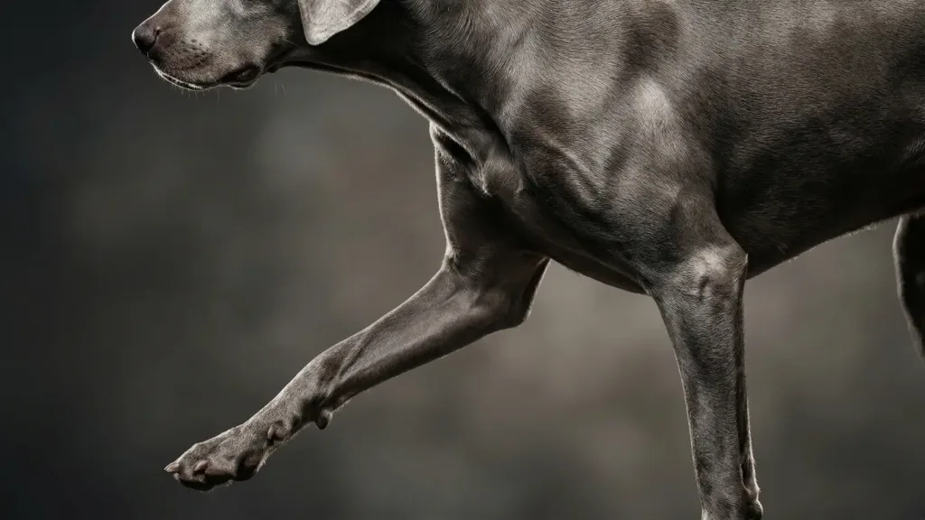 Close-up of a dog walking on a trail, showing how a Y-shaped dog harness frees the shoulder blades