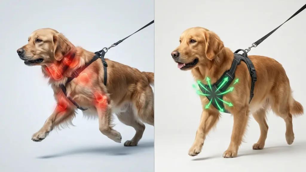 Diagram showing high shoulder pressure from a thin strap versus even weight distribution in a padded dog harness