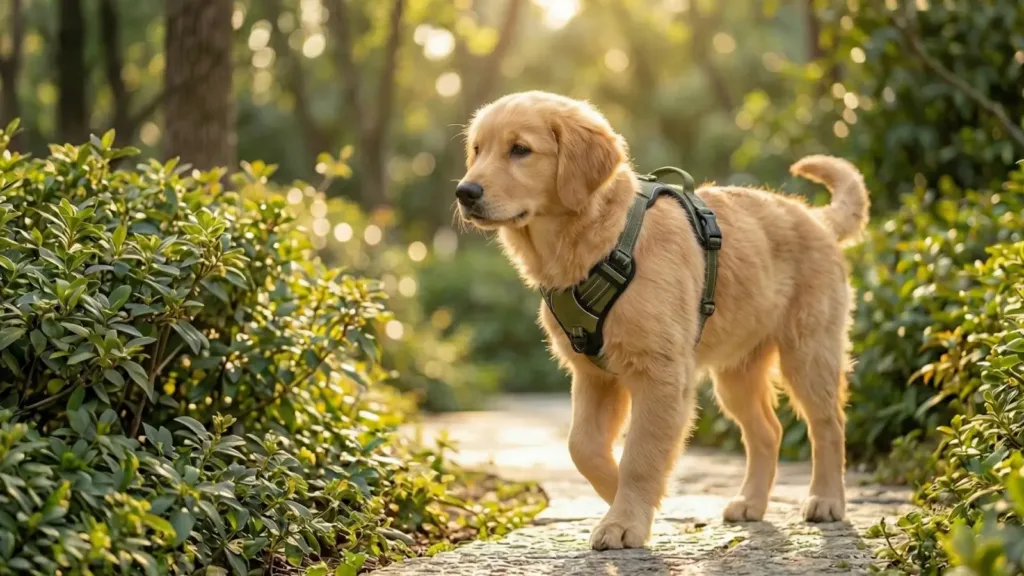 Close-up of a thin-coated dog wearing a well-fitted dog harness for sensitive skin on a sunny walk