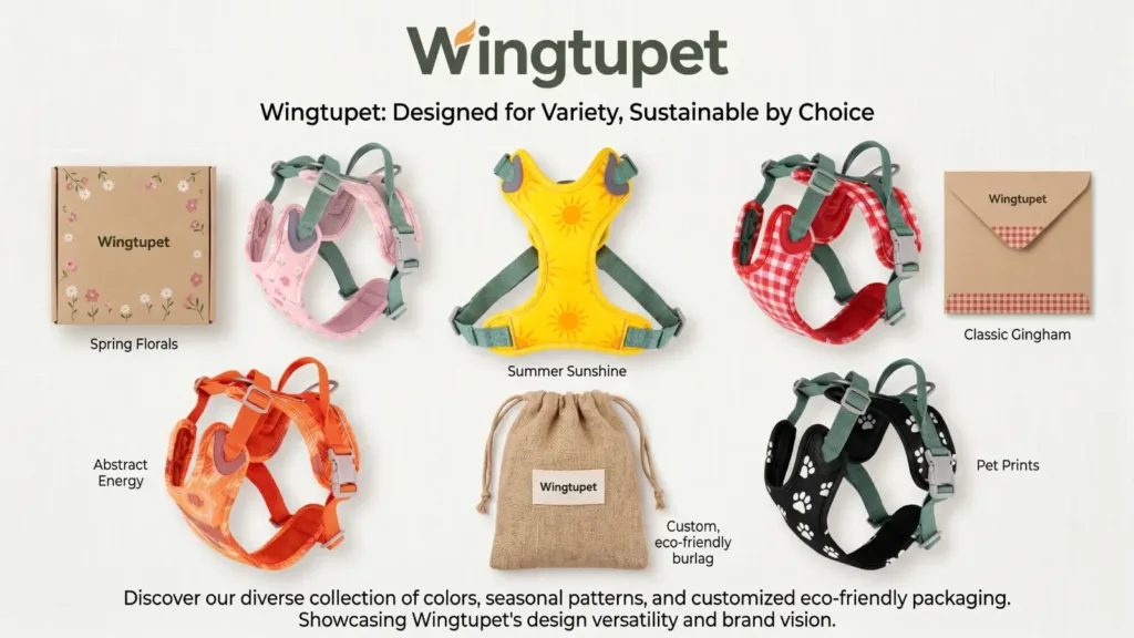 A visually appealing flat lay of various pet harnesses in different trendy colors, seasonal patterns, and custom eco-friendly packaging, showcasing Wingtupet's design versatility and brand visual identity capabilities.