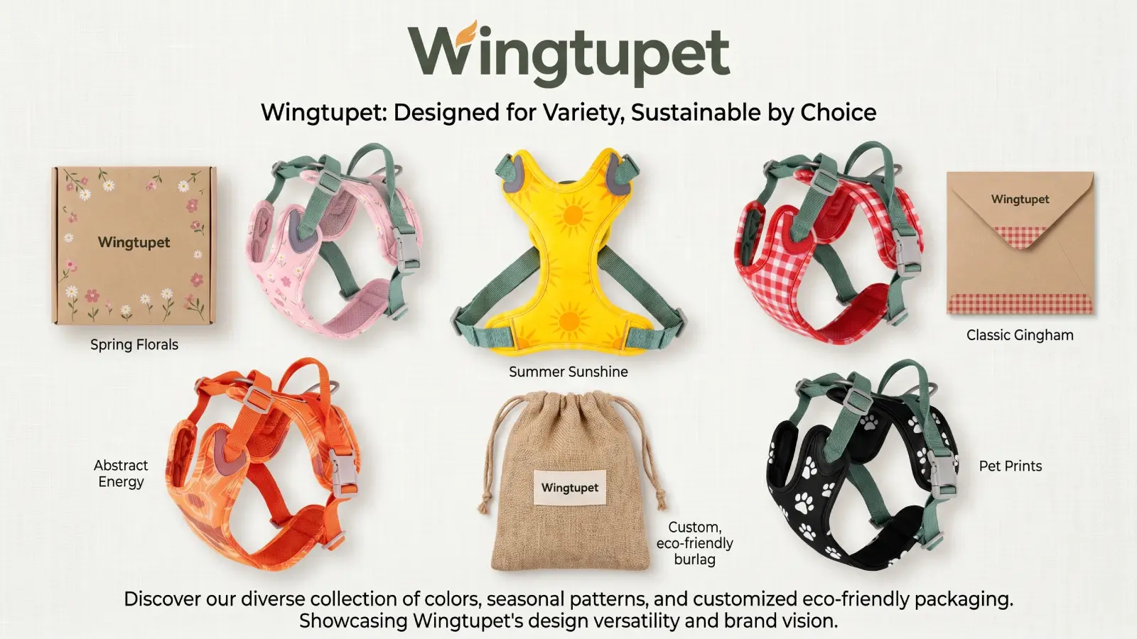 A visually appealing flat lay of various pet harnesses in different trendy colors, seasonal patterns, and custom eco-friendly packaging, showcasing Wingtupet's design versatility and brand visual identity capabilities.