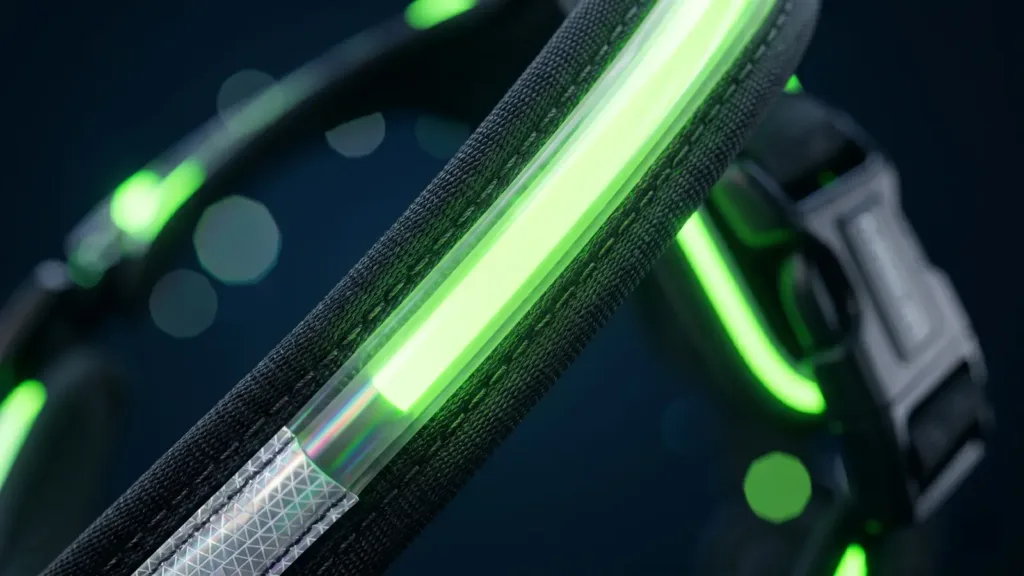 A macro close-up of a pet harness featuring a fluorescent green LED light strip and a translucent, light-diffusing tube, clearly revealing the fine stitching on the high-strength nylon webbing against a background of light spots.