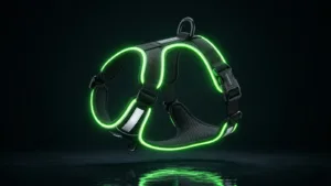 A fluorescent green LED-illuminated pet harness floats against an ultra-dark studio backdrop, showcasing a Y-shaped anti-pull design and a high-tech industrial aesthetic.