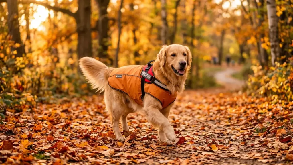 fall dog walking gear, reflective dog harness, waterproof dog harness, layering for dogs, dog winter coat, LED dog collar, safety dog walking